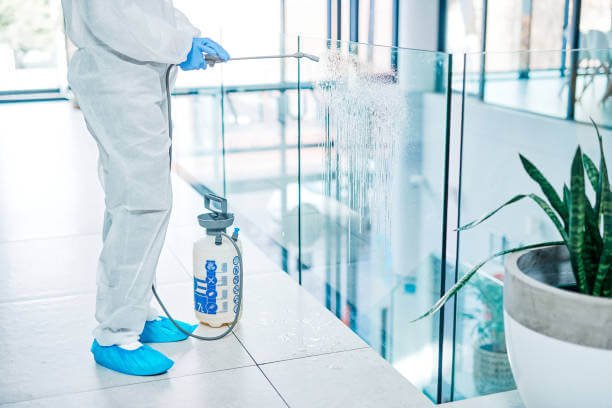 Closeup shot of a woman wearing a hazmat suit while using a chemical sprayer to sanitise a building